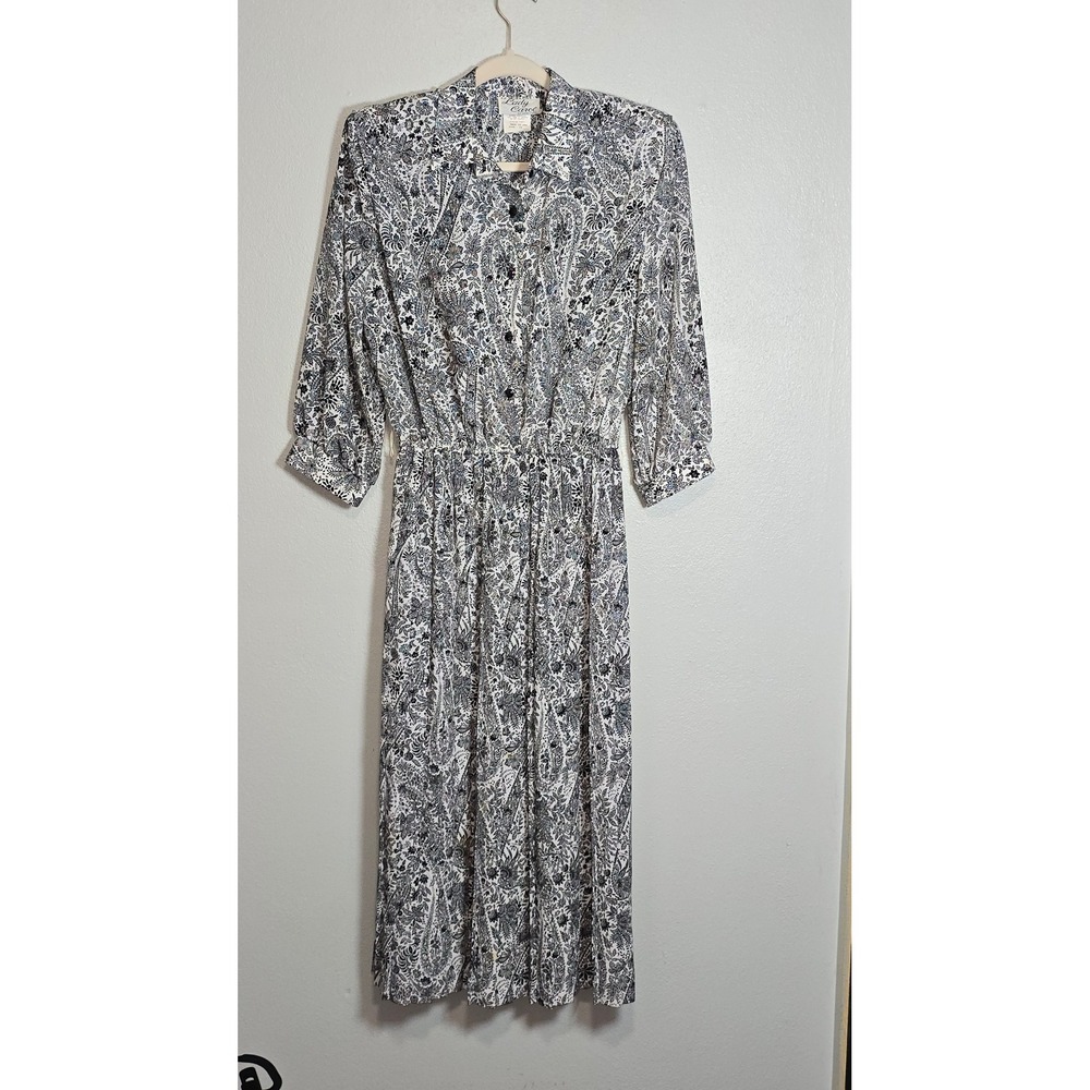 Vintage Lady Carol New York Paisley Floral Midi Dress Black White Size 12 USA